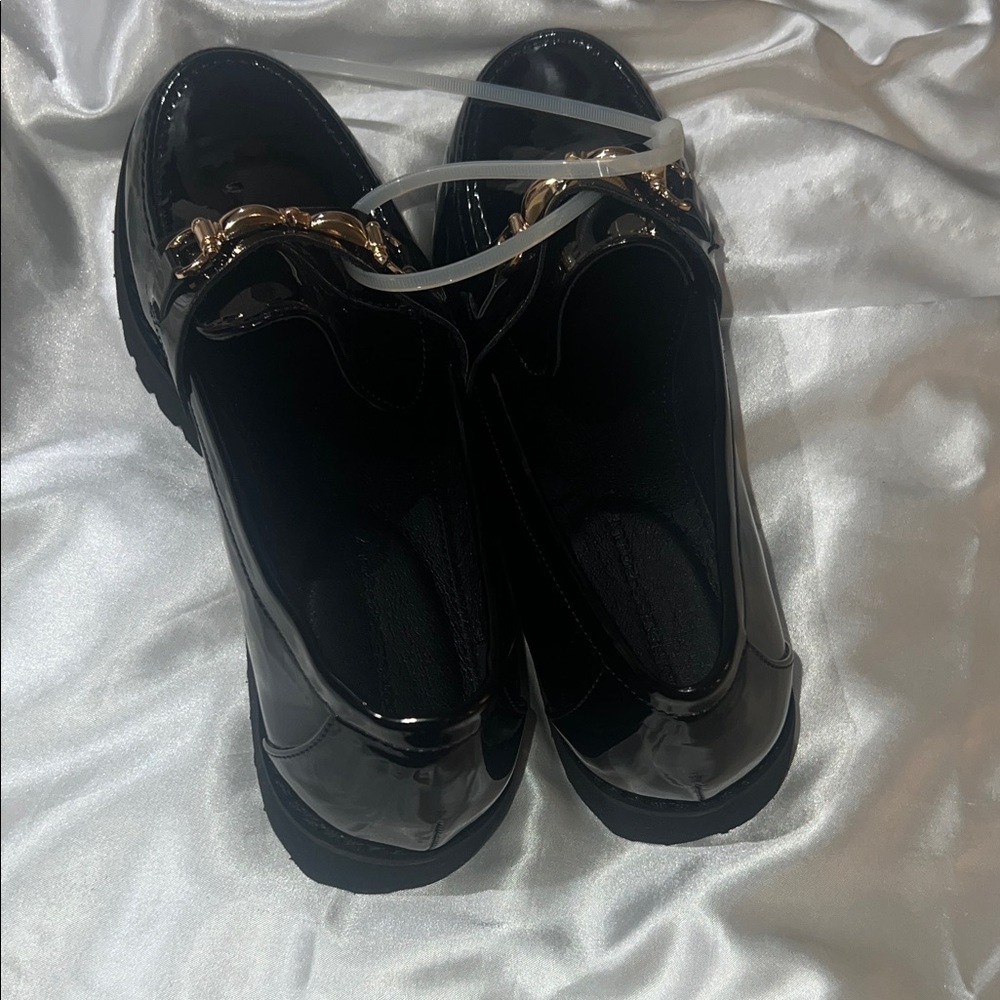 Princess Polly Glossy Black Loafers with Gold Accent - Picture 2 of 5